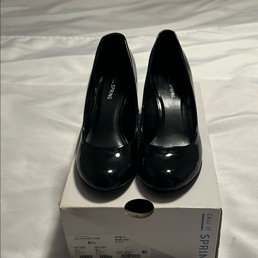Call it spring patent black wedge heels
